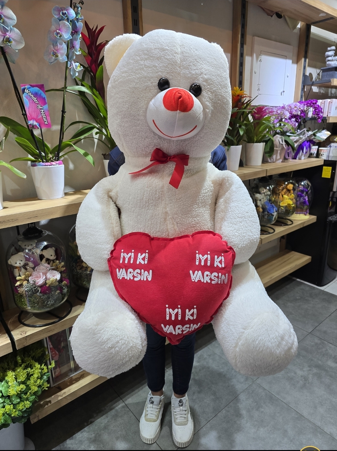 1,50CM KIRMIZI KALPLİ BEYAZ PELÜŞ AYI